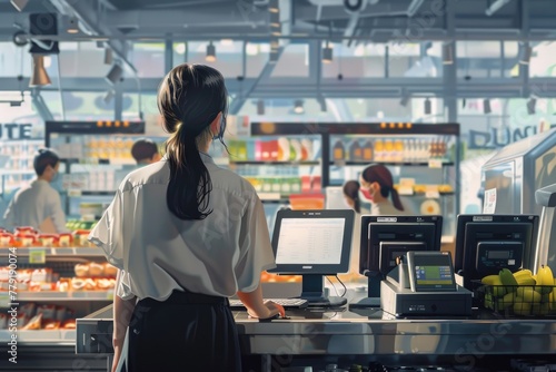 Woman standing at a cash register in a grocery store. Ideal for illustrating retail or shopping concepts