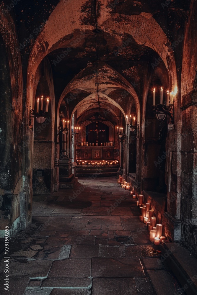 Lit candles in an old church hallway, suitable for religious and spiritual themes