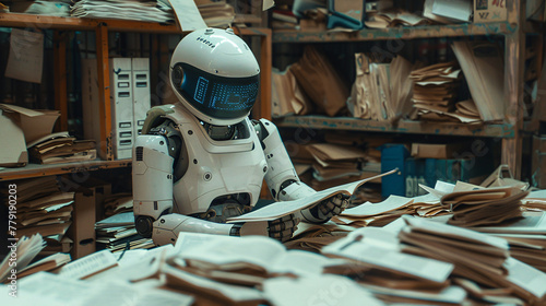 Irony in technology: a futuristic robot stuck doing mundane paperwork, surrounded by piles of documents, expressing a digital sigh, in a cluttered, old-fashioned office environment - (3)