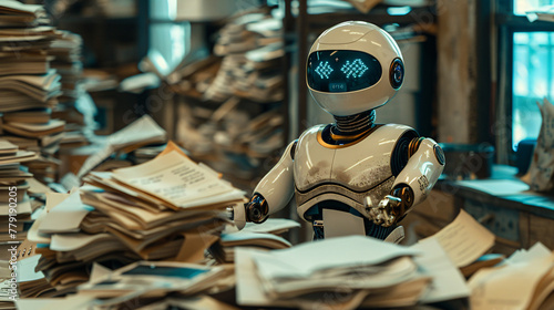 Irony in technology: a futuristic robot stuck doing mundane paperwork, surrounded by piles of documents, expressing a digital sigh, in a cluttered, old-fashioned office environment -