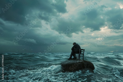 Solitary figure sitting on a chair surrounded by turbulent sea under stormy skies. Lonely Man on Chair in Stormy Seascape