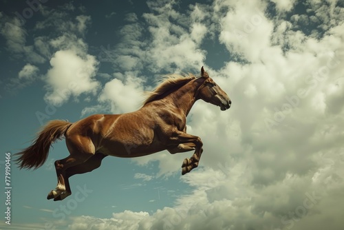 A brown horse jumping in the air. Suitable for equestrian events promotion photo