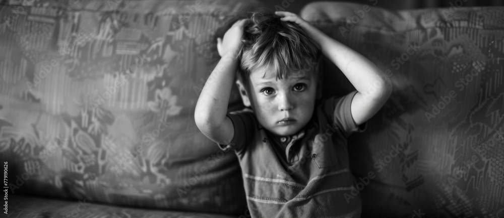 A young boy sitting on a couch with his hands on his head. Suitable for educational or family-related concepts A young boy sitting on a couch with his hands on his head. Suitable for educational or family-related concepts