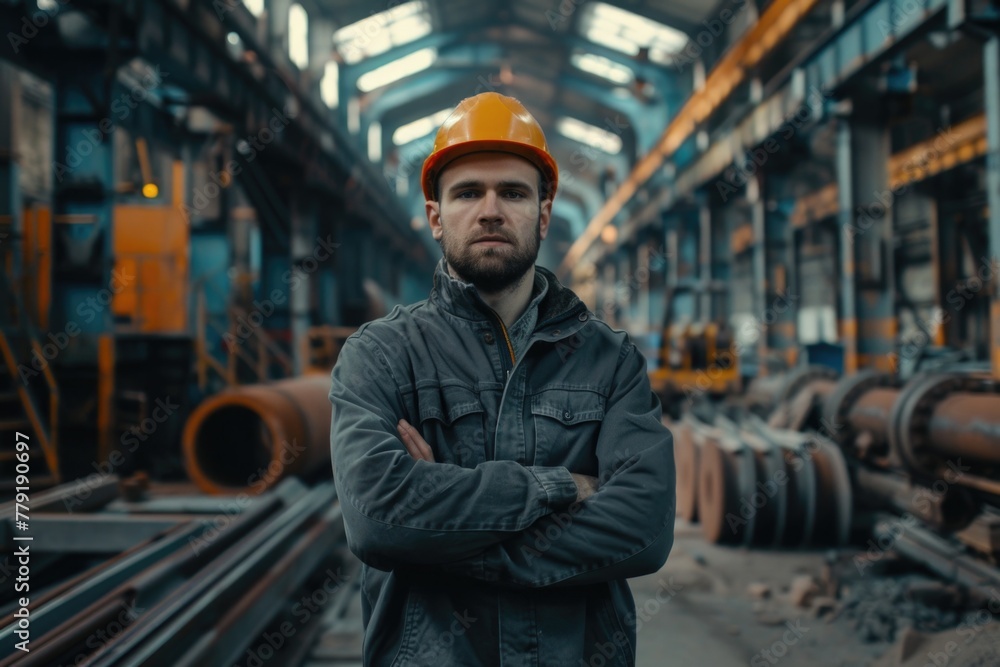 A man wearing a hard hat standing in a factory. Suitable for industrial concepts A man wearing a hard hat standing in a factory. Suitable for industrial concepts