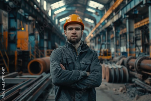 A man wearing a hard hat standing in a factory. Suitable for industrial concepts