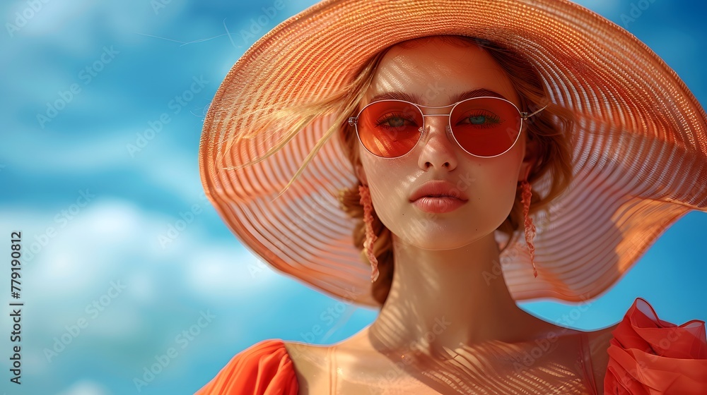 a stylish summer outfit consisting of a flowing maxi dress in vibrant coral, accessorized with a wide-brimmed straw hat and oversized sunglasses, against a backdrop of azure blue