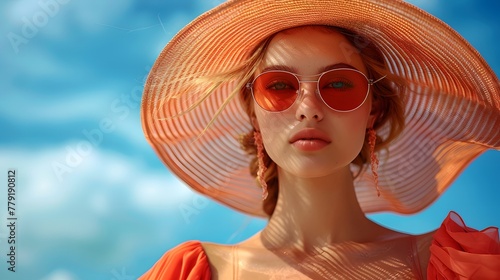 a stylish summer outfit consisting of a flowing maxi dress in vibrant coral, accessorized with a wide-brimmed straw hat and oversized sunglasses, against a backdrop of azure blue