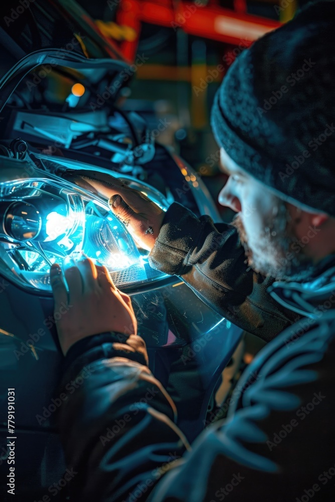 A man working on a car headlight. Perfect for automotive industry A man working on a car headlight. Perfect for automotive industry