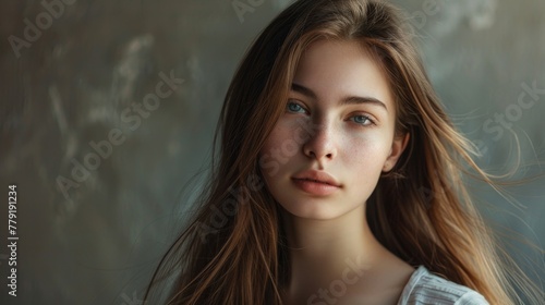 A beautiful young woman with long brown hair. Suitable for beauty and lifestyle concepts