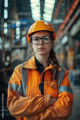A woman wearing a hard hat and safety glasses. Suitable for construction or industrial concepts © Fotograf