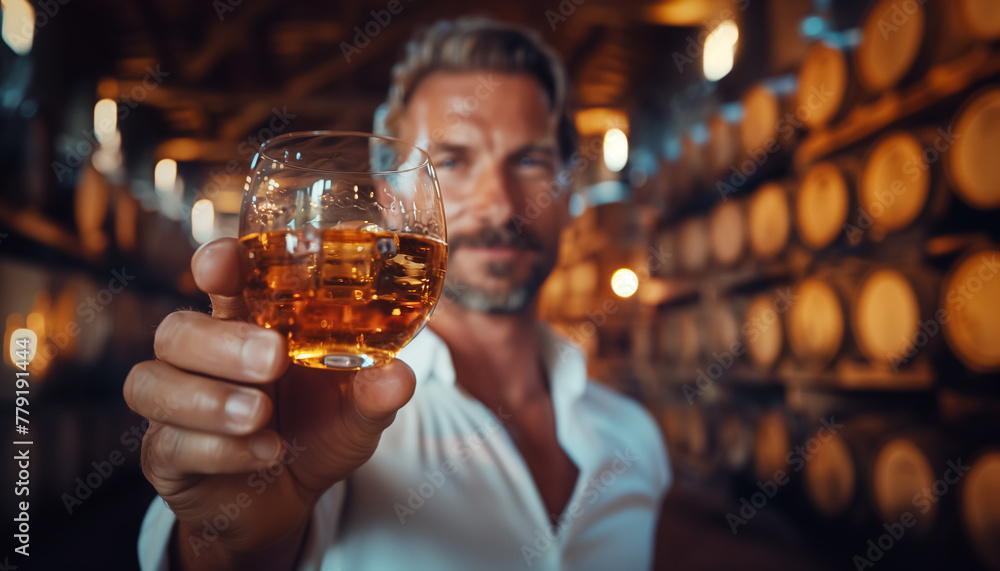 Whiskey connoisseur inspects a glass in a cellar surrounded by barrels, exuding sophistication and expertise. Captures the essence of whisky tasting, perfect for branding.