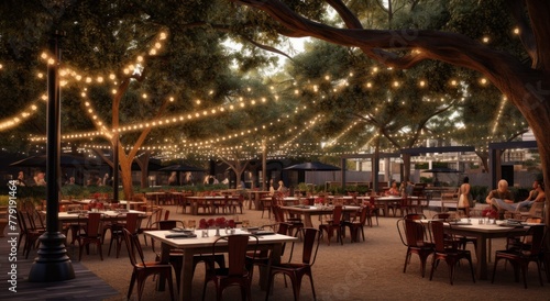 a tree shaded patio or event venue with strings of lights hanging between tables and chairs.