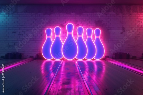 Row of bowling pins against brick wall, suitable for sports or leisure concepts