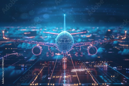 3D rendering illustration aeroplane blueprint glowing neon hologram futuristic show technology security for premium product business finance transportation