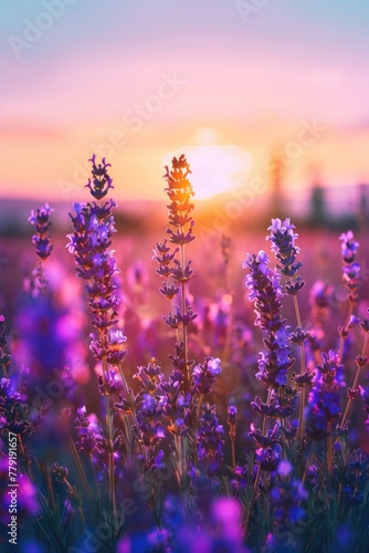 Beautiful field of purple flowers with the sun setting in the background. Perfect for nature or landscape themes