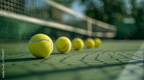 A close up of a row of yellow tennis balls on a green tennis court with the net in the background