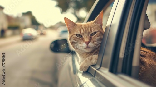 Orange cat is looking out from the car window