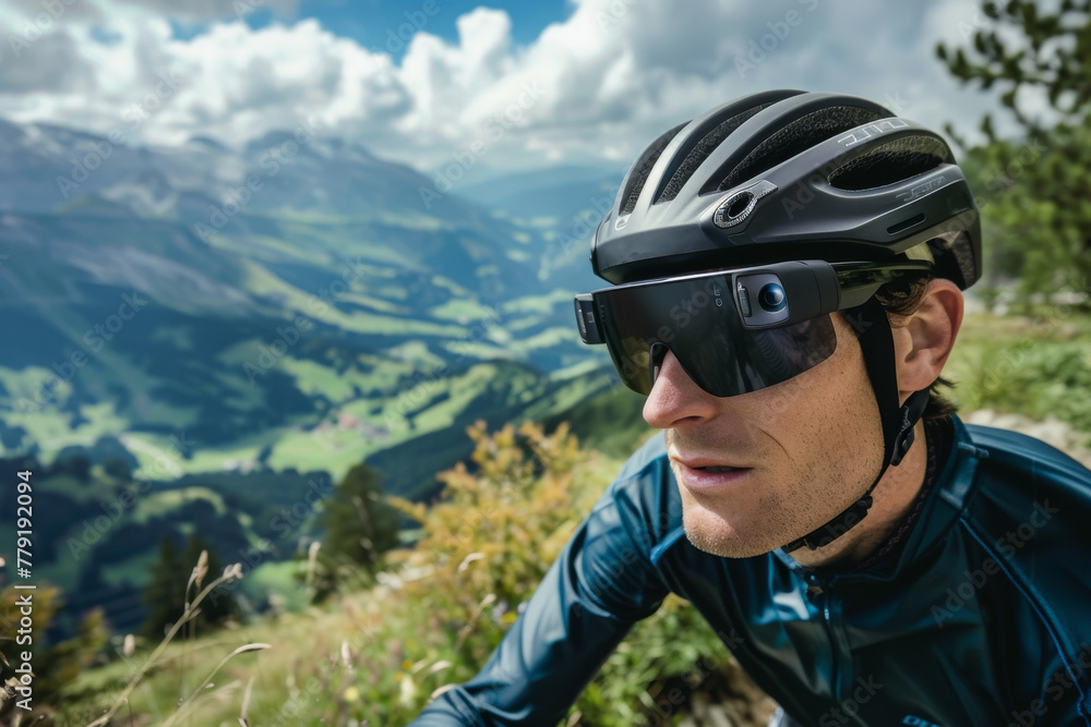 A cyclist with camera-integrated glasses captures mountain scenery. A cyclist with camera-integrated glasses captures mountain scenery.
