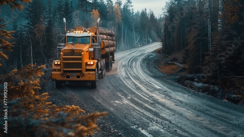 A yellow truck driving down a road next to a forest. Suitable for transportation and travel concepts