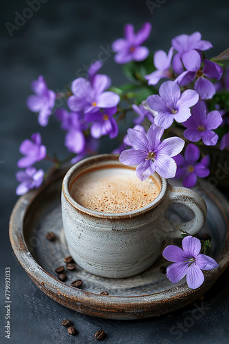 A cup of coffee with milk placed on the table among the purple flowers