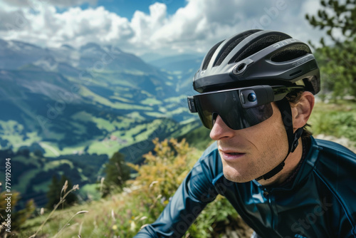 A cyclist with camera-integrated glasses captures mountain scenery.
