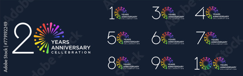 set of 10 to 100th anniversary logotype design, with colorful fireworks for celebration event, wedding, and birthday, vector illustration