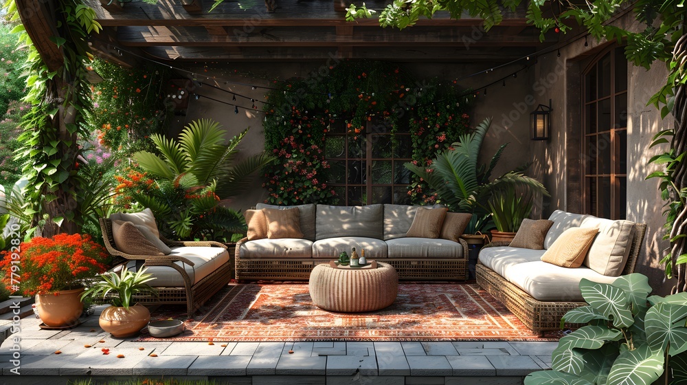 summer style with a banner background showcasing a chic outdoor patio adorned with stylish furniture and lush potted plants, perfect for alfresco dining and entertaining