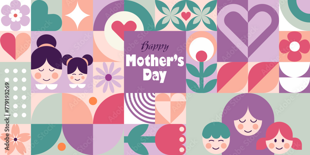 Mother's day abstract geometric seamless pattern. Mosaic vector background with mom and kids, flowers, hearts, simple forms. Modern vector template for banner, social media. Swiss style. Neo geo art.