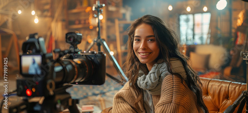 A woman sits in a filmmaking studio, smiling and speaking with the video crew photo