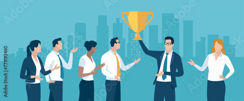 The Winner. The team celebrates the winner. Business vector illustration.