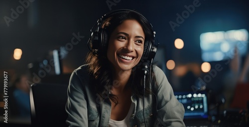 A woman sits in a filmmaking studio, smiling and speaking with the video crew