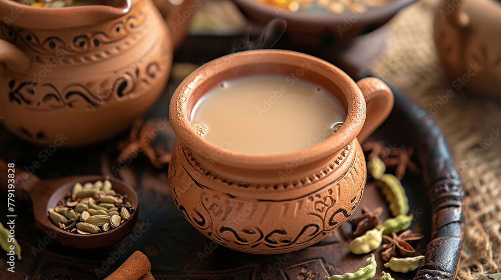 A cup of chai with hot tea, boiled with milk, sugar, and spices, such as cardamom, ginger, and cloves, and served in a clay pot. A cup of chai with hot tea, boiled with milk, sugar, and spices, such as cardamom, ginger, and cloves, and served in a clay pot.