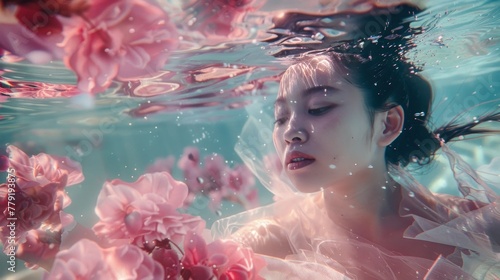 beutifull girl swims under the deep sea water photo