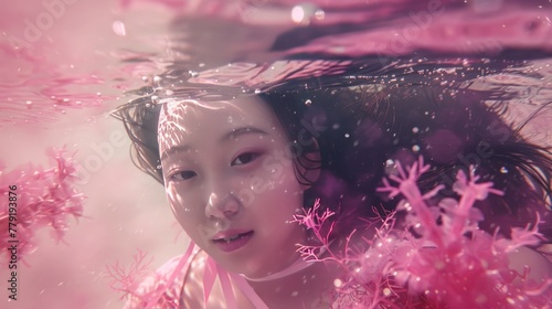 beutifull girl swims under the deep sea water photo