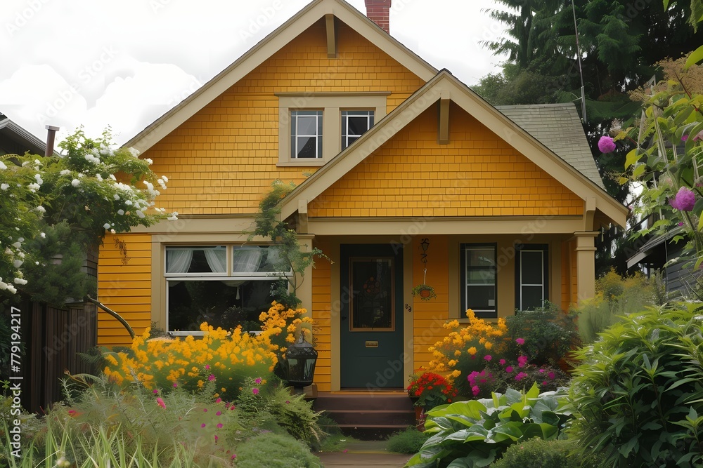 A charming craftsman bungalow facade painted in vibrant sunflower yellow, exuding a cheerful vibe.