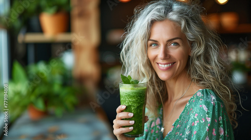 Femme ou mère de 50 ans souriante buvant un smoothie protéiné ou jus vert detox du matin dans sa cuisine, régime minceur, santé, vitalité et anti vieillissement photo