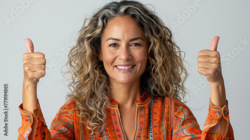 Femme joyeuse levant les pouces en l'air, photographie sur fond blanc, mère de 40 ans de type hispanique aux cheveux bouclés grisonnants photo