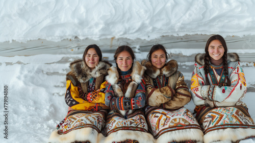 Group of Indigenous women in traditional clothing smiling. photo