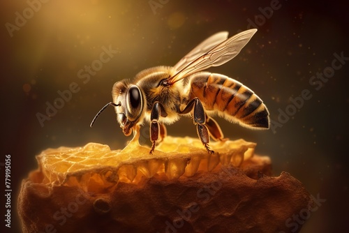 Honeybee Alighting on Golden Comb. Generative AI photo