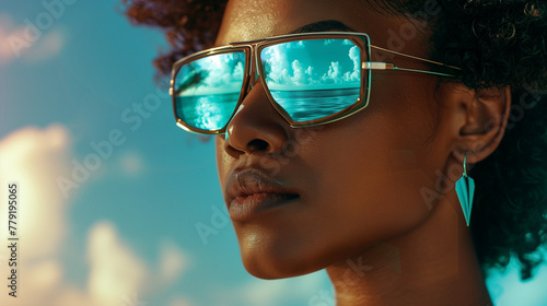Portrait of a black woman in fashionable sunglasses on the beach. A pretty African American woman with glasses on the beach with a place to copy. The ocean with clouds is reflected in stylish glasses