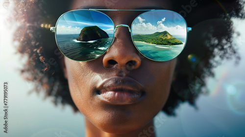 Portrait of a black woman with glasses that reflect the ocean with a paradise island. Fashion, travel and a black woman in sunglasses for summer. Fashionable portrait of a girl with glasses