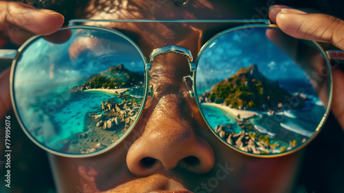 A large portrait of a black young girl holding sunglasses. The ocean, a tropical island, clouds are reflected in stylish glasses. Fashion, travel and a black woman in sunglasses for summer