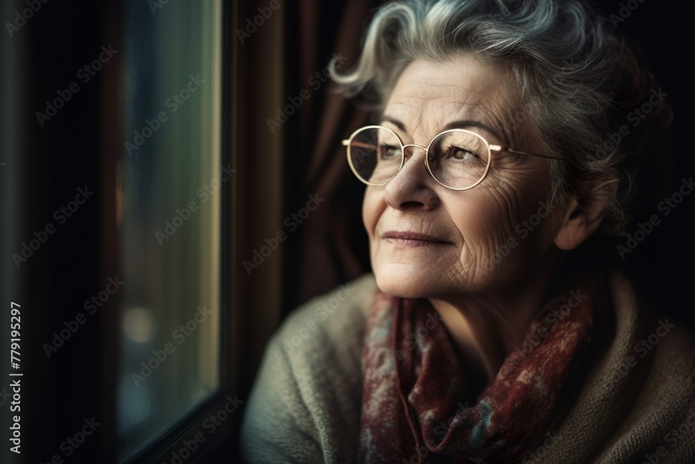 Elderly Woman Gazing Out Window in Contemplation. Generative AI Elderly Woman Gazing Out Window in Contemplation. Generative AI