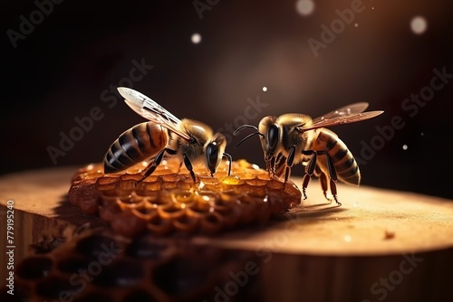 Honeybees on Honeycomb with Golden Droplets. Generative AI