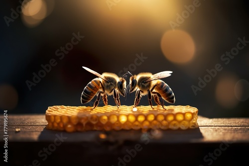 Bees on Honeycomb at Golden Hour. Generative AI