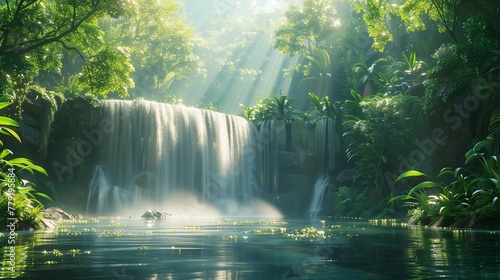 Tropical Paradise  Serene Waterfall in the Forest  generative ai