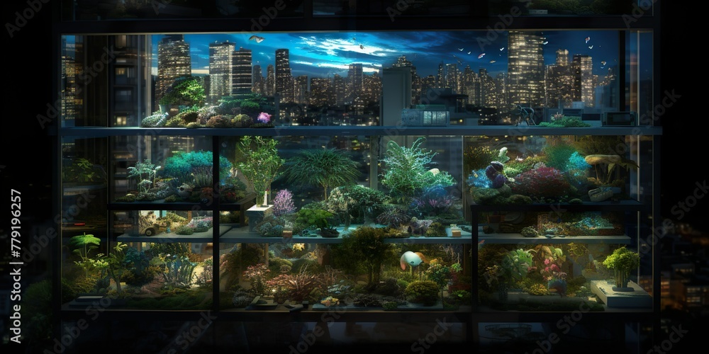 Aquatic and Terrarium Displays Against Urban Night Sky. Generative AI