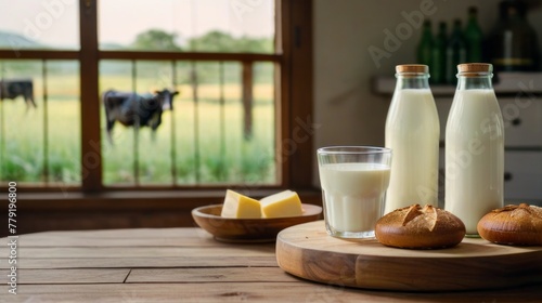 A wooden table adorned with bottles with fresh milk. In the background, a picturesque grassland, accompanied by a herd of dairy cows, highlighting the natural origin of the dairy items