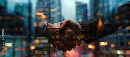 Close up professional business people handshake in front of an office building on blurred background.