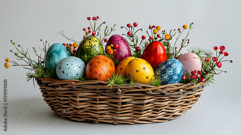 Colorful Easter eggs in an easter basket Colorful Easter eggs in an easter basket